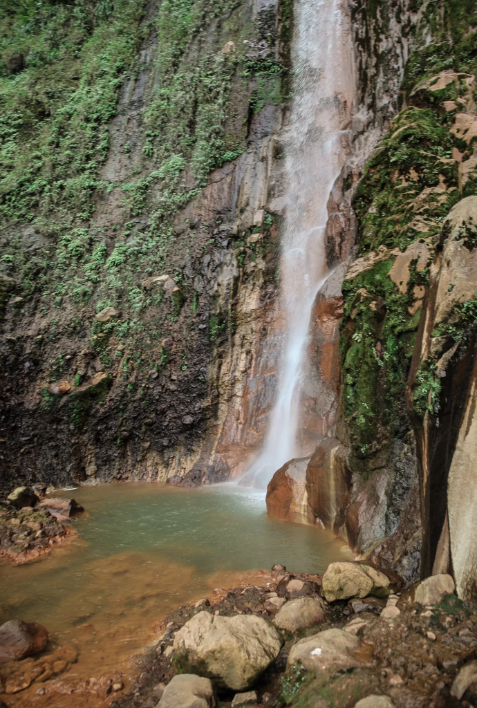 Première chute du Carbet, haut filet d'eau le long d'une falaise moussue jusqu'à un bassin rocheux