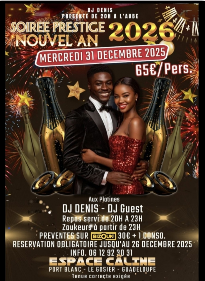 Soirée Prestige Nouvel An – Espace Câline (Le Gosier)