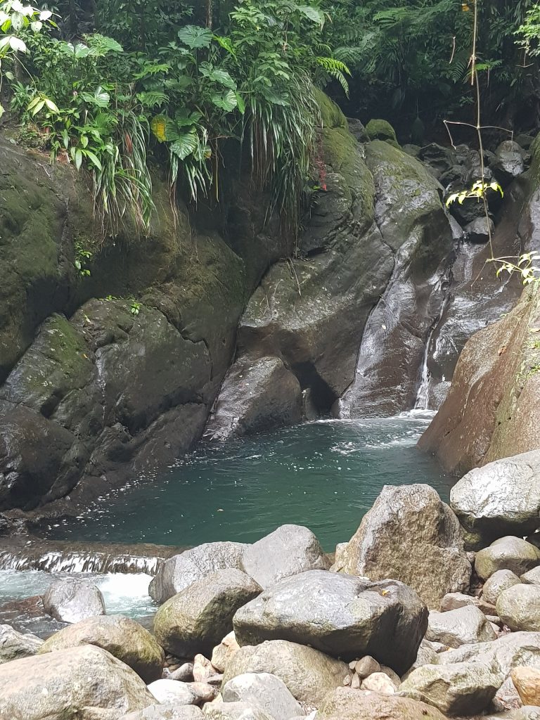Bassin Bleu de Gourbeyre : petite cascade entre des rochers et vasque d'eau verte