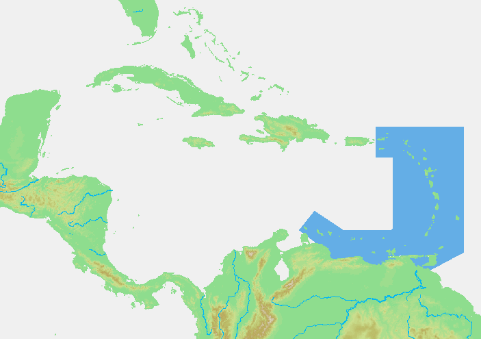Carte de la Caraïbe : l'arc des Petites Antilles, où se trouve la Guadeloupe, surligné en bleu
