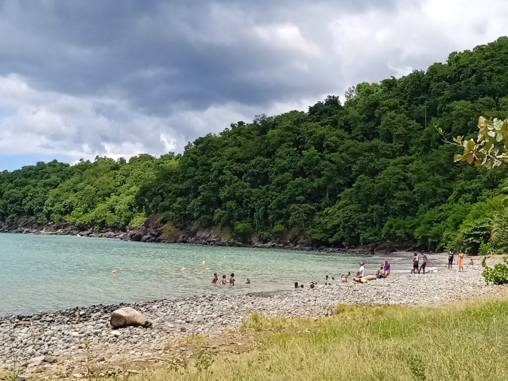 Plage de galets et eau claire de l'anse Caraïbe à Pointe-Noire, adossée à un morne boisé