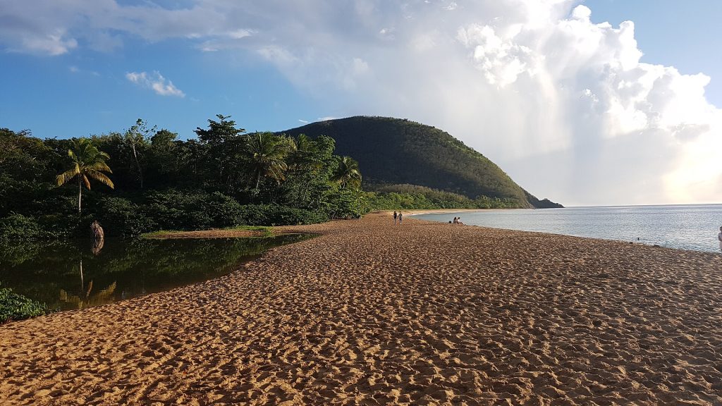 Le cordon de sable de Grande Anse entre l'étang bordé de mangrove et la mer, au pied du Gros Morne