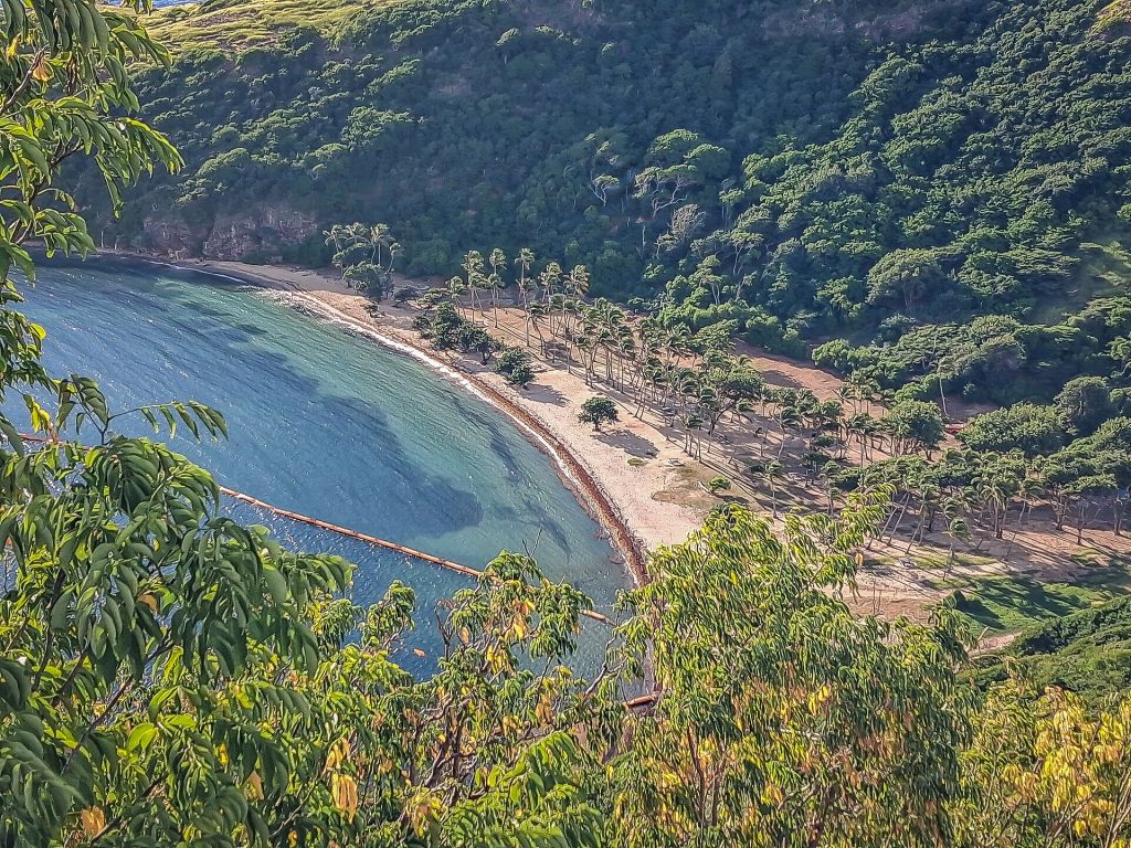 Anse de Pompierre vue d'en haut, sa plage en arc de cercle et son lagon