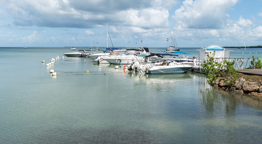 Embarcadère et bateaux de sortie en mer au port de Baie-Mahault, porte du Grand Cul-de-Sac Marin